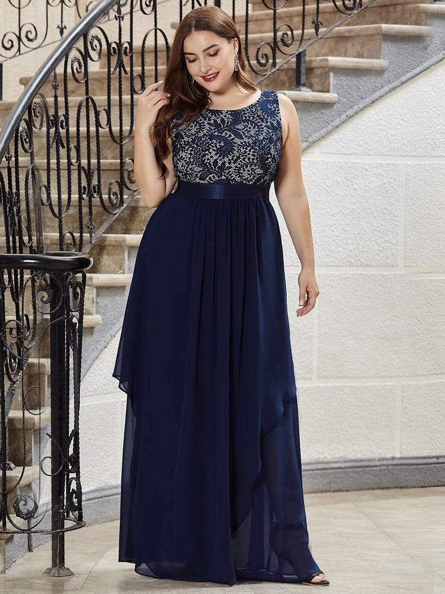 COLOR=Navy Blue | Sleeveless Long Evening Dress With Lace Bodice-Navy Blue 9