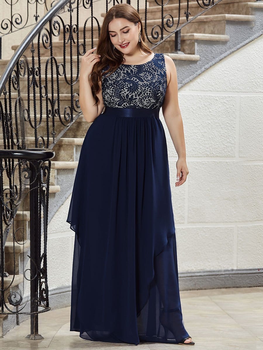 Color=Navy Blue | Plus Size Sleeveless Long Evening Dress With Lace Bodice-Navy Blue 4