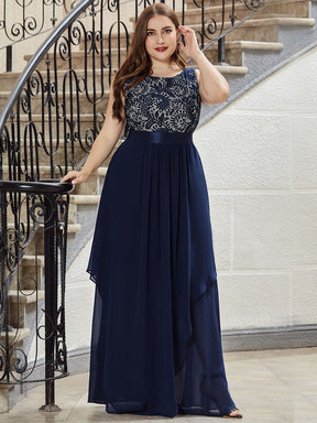 Color=Navy Blue | Plus Size Sleeveless Long Evening Dress With Lace Bodice-Navy Blue 1