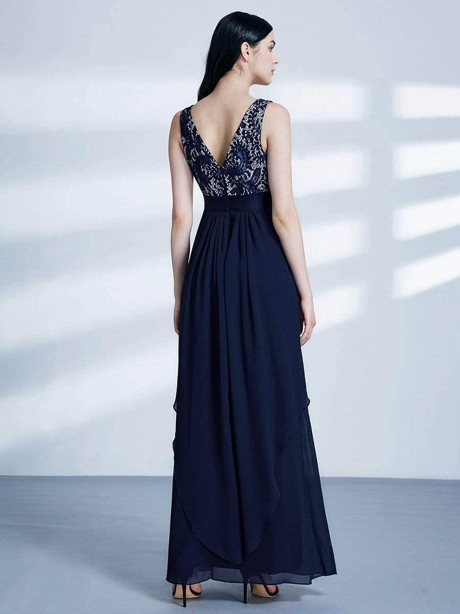 COLOR=Navy Blue | Sleeveless Long Evening Dress With Lace Bodice-Navy Blue 2