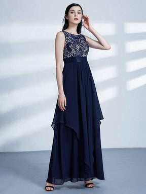 COLOR=Navy Blue | Sleeveless Long Evening Dress With Lace Bodice-Navy Blue 3