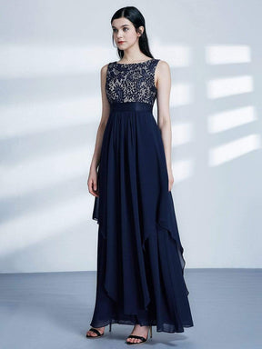 COLOR=Navy Blue | Sleeveless Long Evening Dress With Lace Bodice-Navy Blue 4