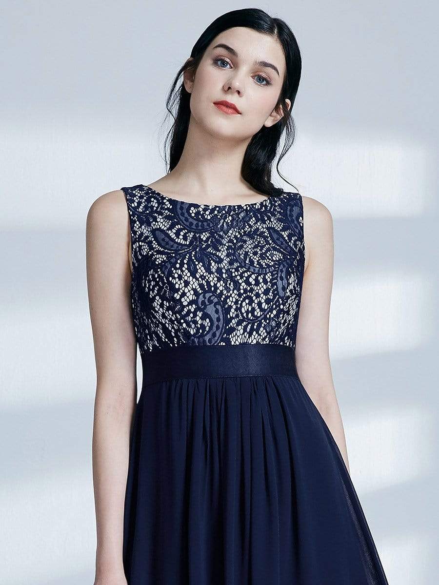 COLOR=Navy Blue | Sleeveless Long Evening Dress With Lace Bodice-Navy Blue 5