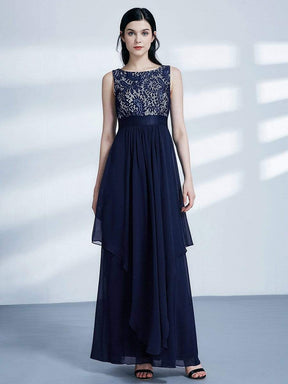 COLOR=Navy Blue | Sleeveless Long Evening Dress With Lace Bodice-Navy Blue 1