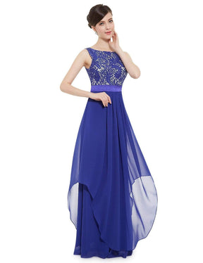 Color=Sapphire Blue | Sleeveless Long Evening Dress With Lace Bodice-Sapphire Blue 4