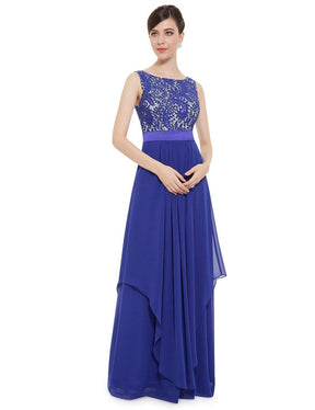 Color=Sapphire Blue | Sleeveless Long Evening Dress With Lace Bodice-Sapphire Blue 5