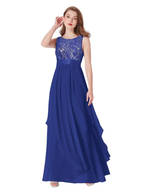 Color=Sapphire Blue | Sleeveless Long Evening Dress With Lace Bodice-Sapphire Blue 7