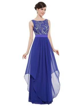 Color=Sapphire Blue | Sleeveless Long Evening Dress With Lace Bodice-Sapphire Blue 1