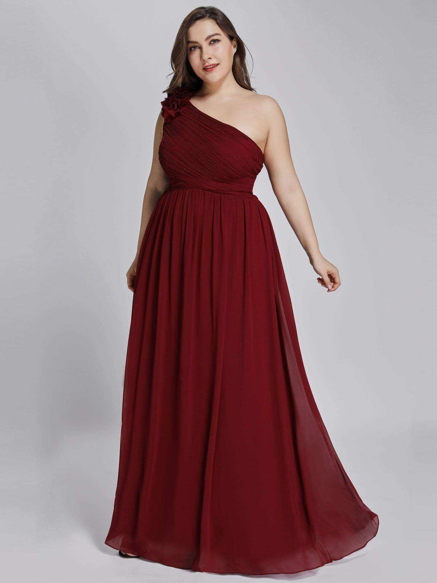 Color=Burgundy | Plus Size Ruched One Shoulder Evening Dress-Burgundy 3