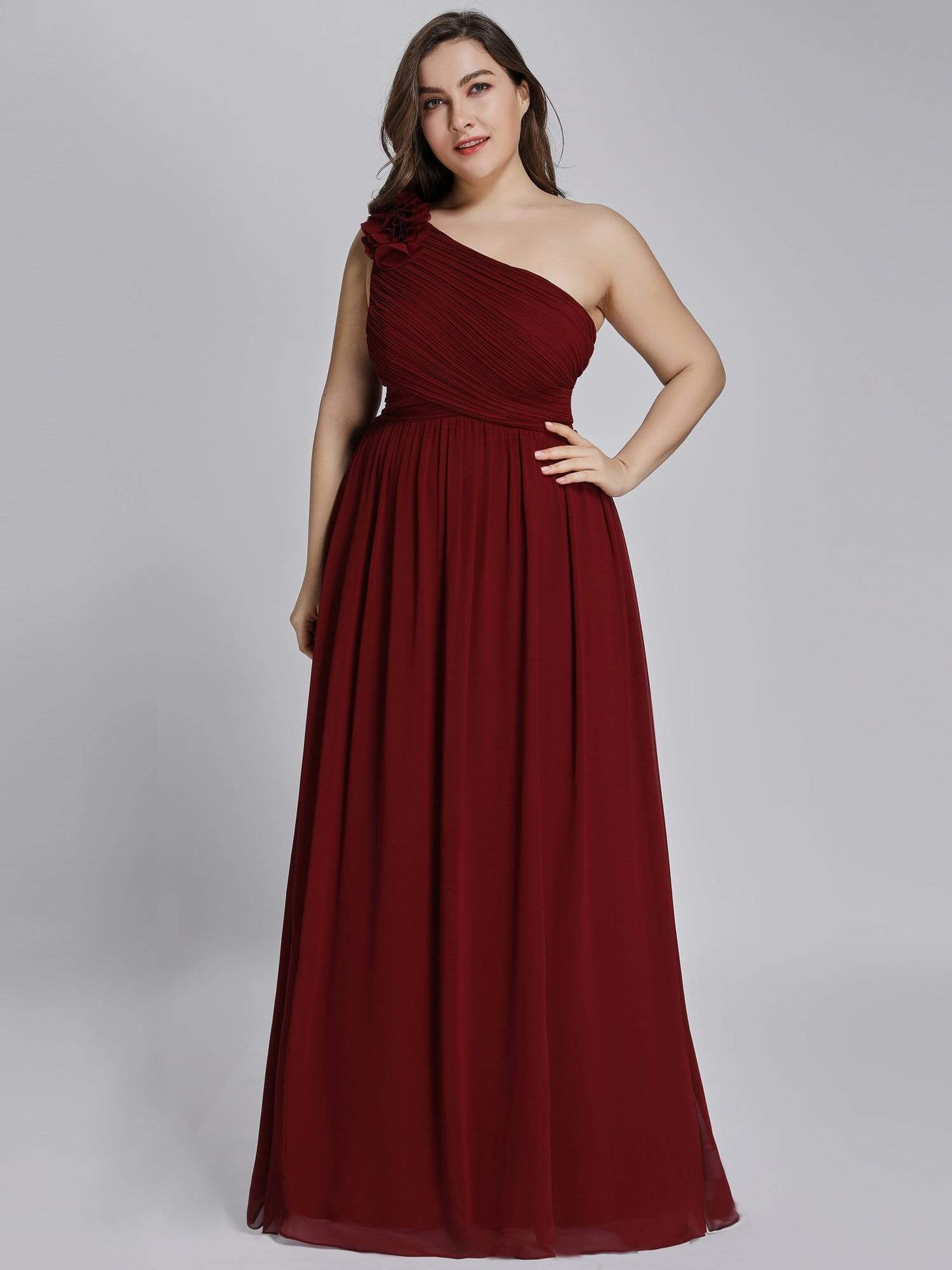 Color=Burgundy | Plus Size Ruched One Shoulder Evening Dress-Burgundy 1