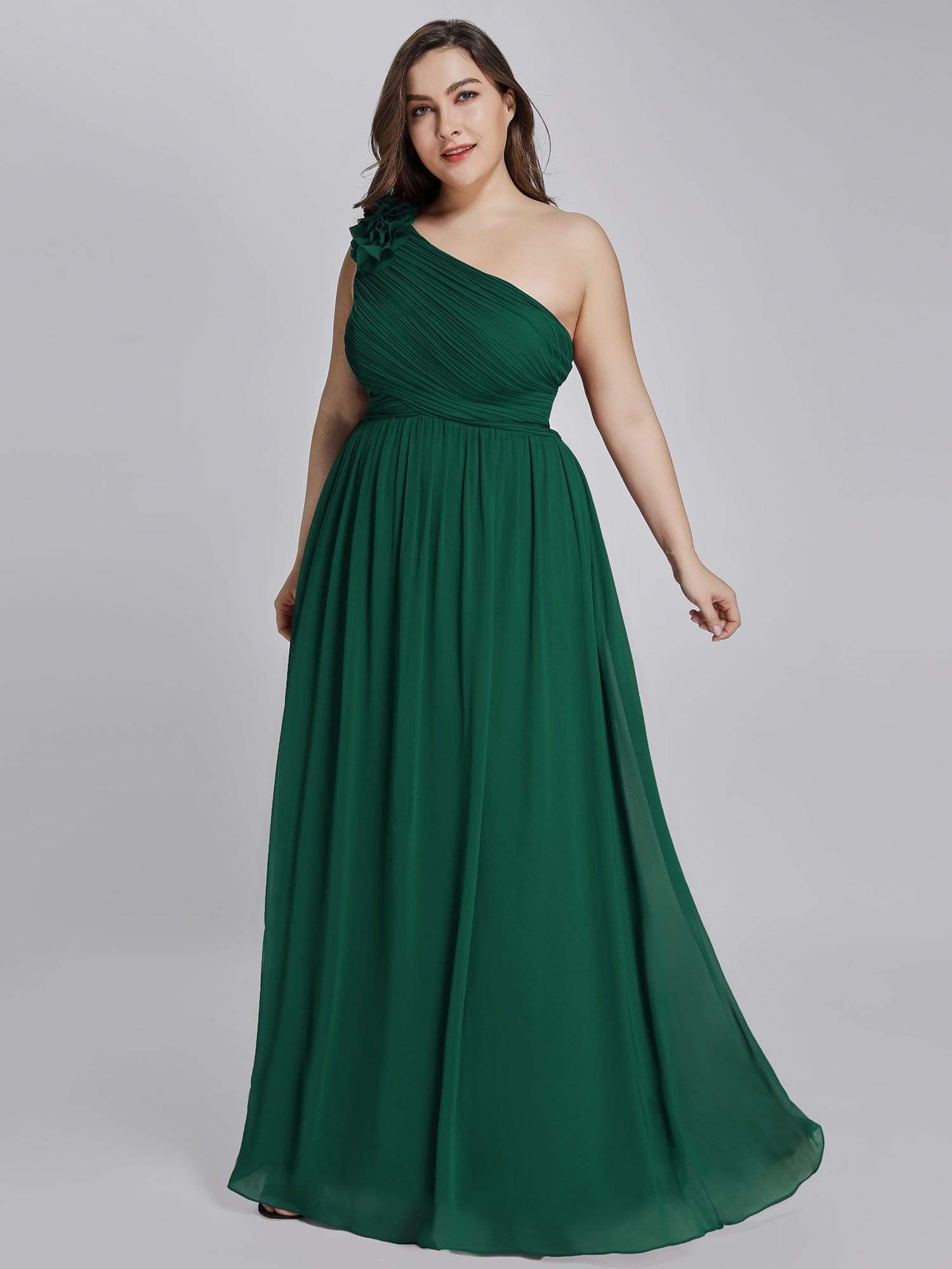 Color=Dark Green | Plus Size Ruched One Shoulder Evening Dress-Dark Green 4