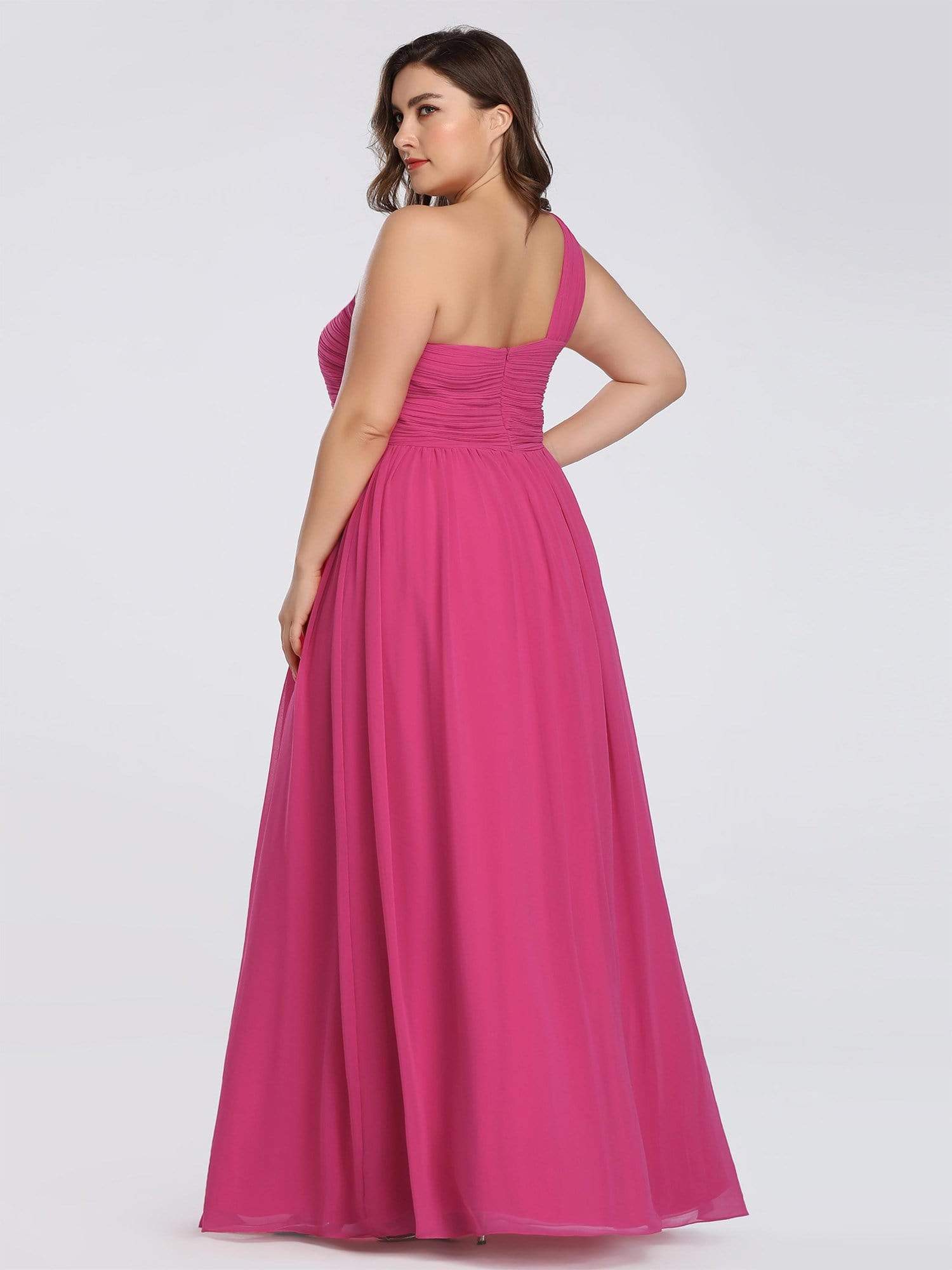 Color=Hot Pink | Plus Size Ruched One Shoulder Evening Dress-Hot Pink 2