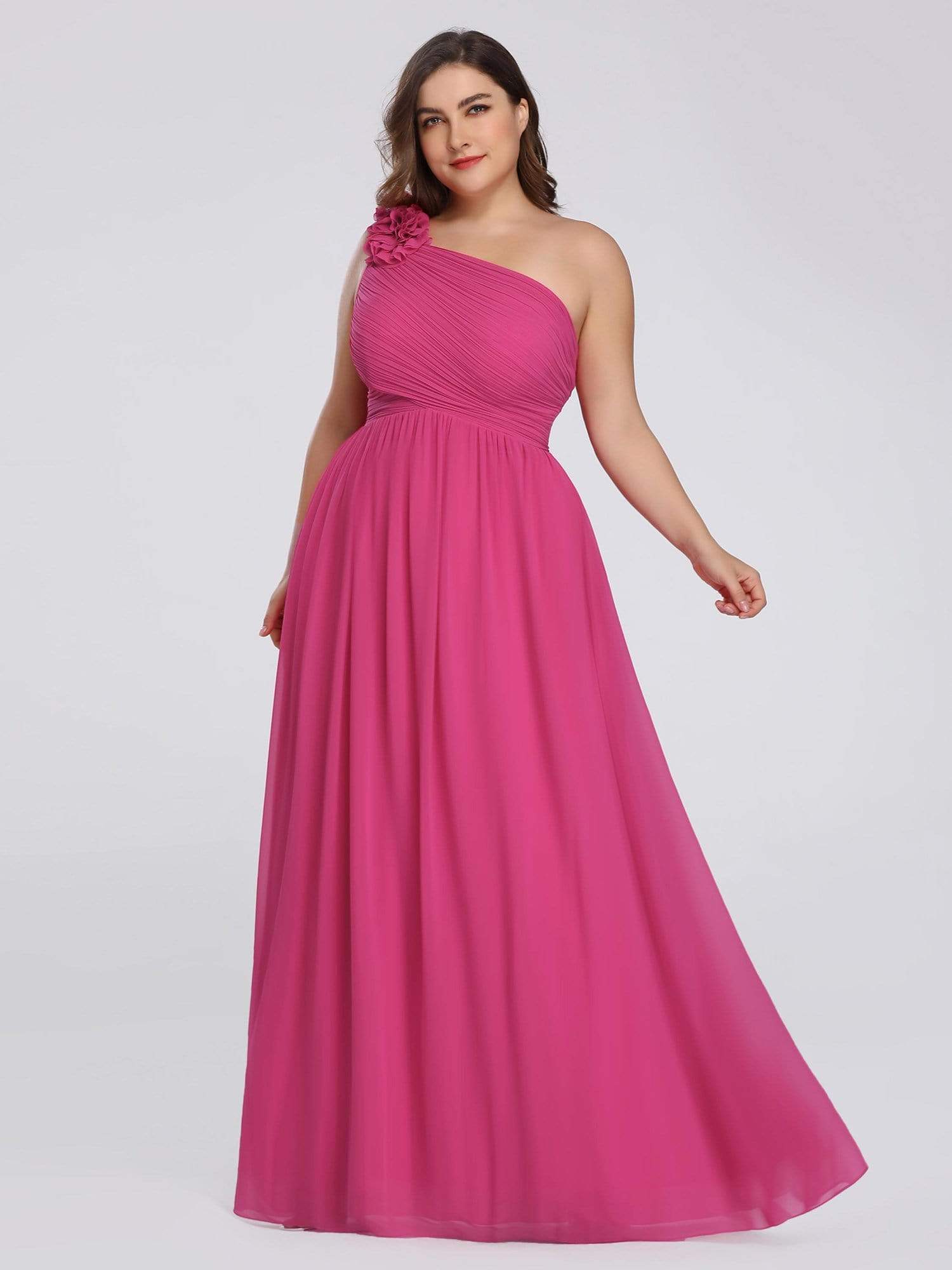 Color=Hot Pink | Plus Size Ruched One Shoulder Evening Dress-Hot Pink 4