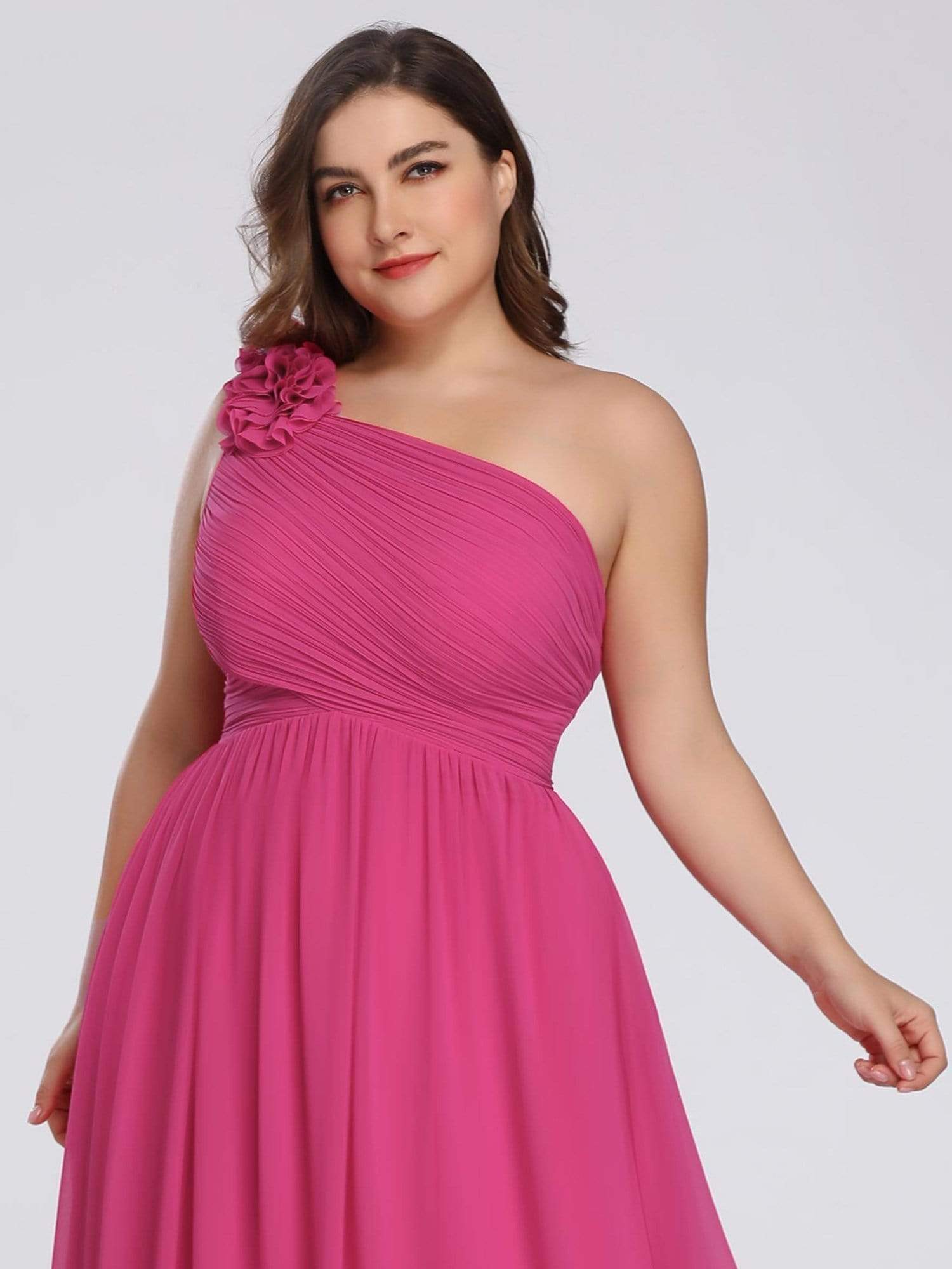 Color=Hot Pink | Plus Size Ruched One Shoulder Evening Dress-Hot Pink 5