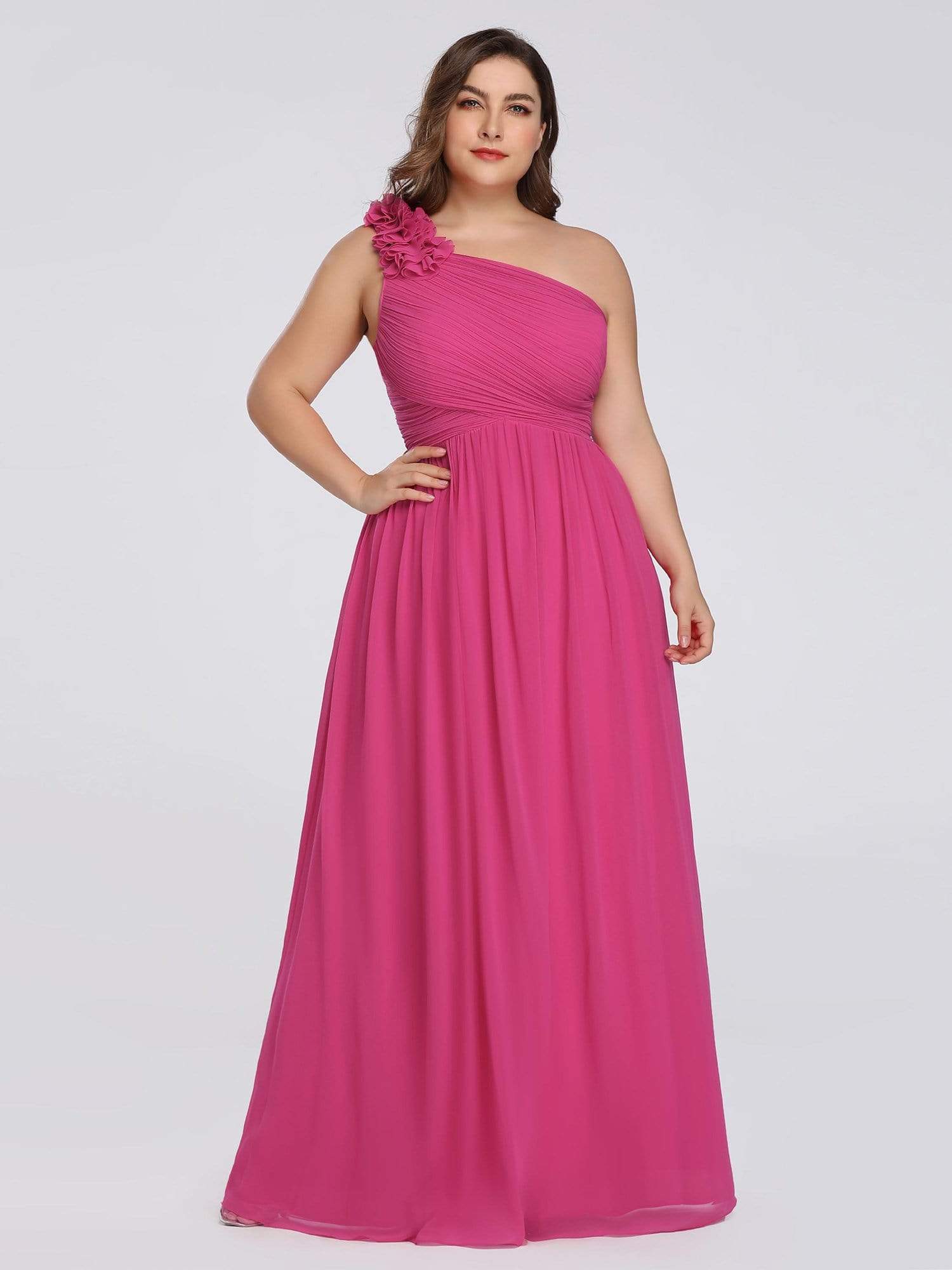 Color=Hot Pink | Plus Size Ruched One Shoulder Evening Dress-Hot Pink 1