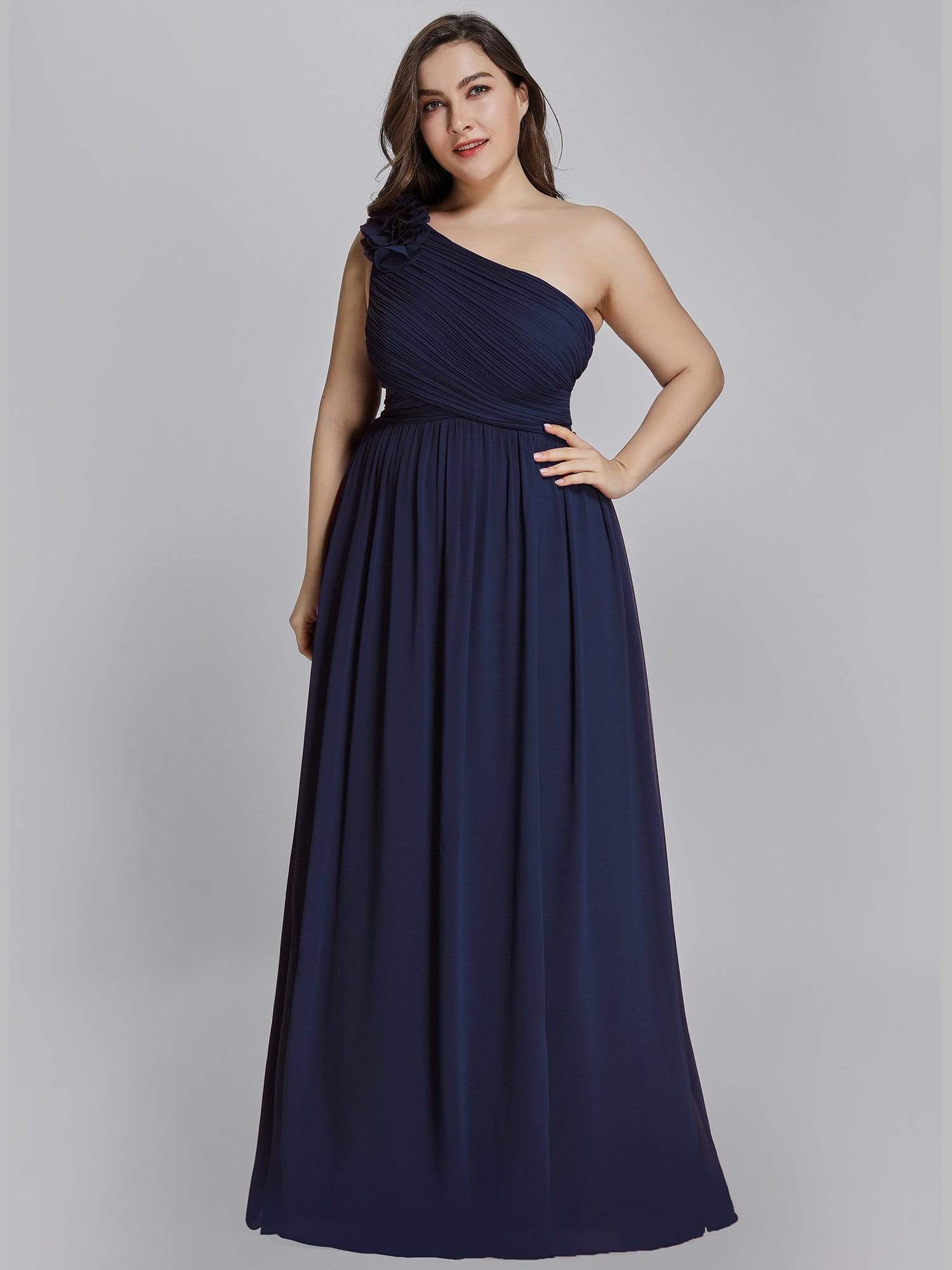 Color=Navy Blue | Plus Size Ruched One Shoulder Evening Dress-Navy Blue 1