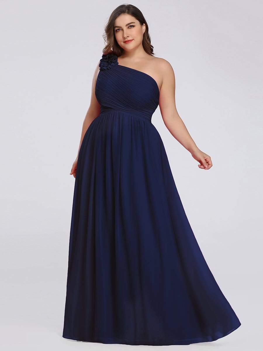 Color=Navy Blue | Plus Size Ruched One Shoulder Evening Dress-Navy Blue 4