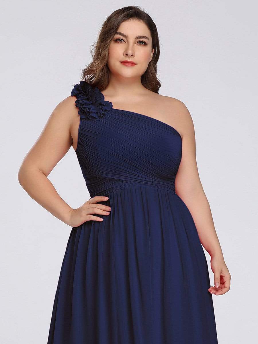 Color=Navy Blue | Plus Size Ruched One Shoulder Evening Dress-Navy Blue 5