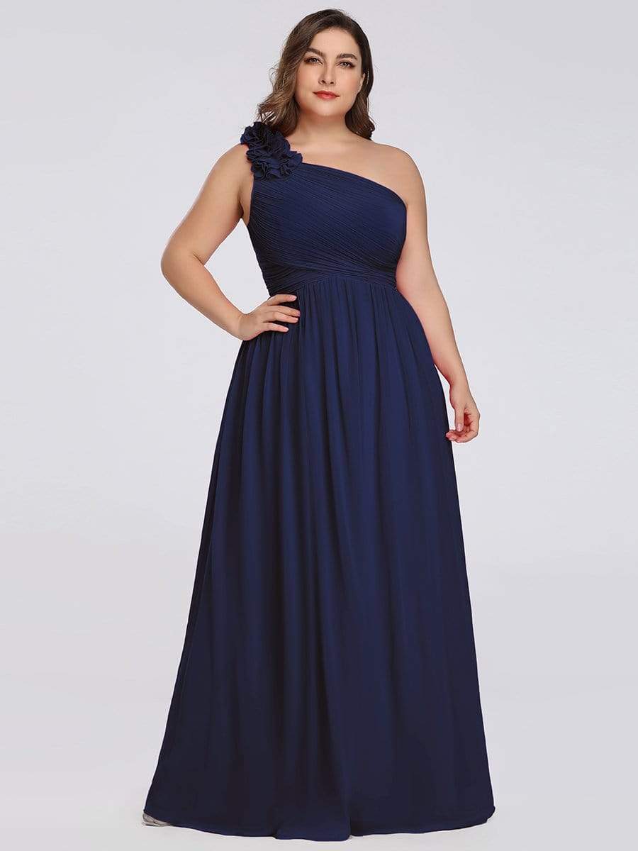 Color=Navy Blue | Plus Size Ruched One Shoulder Evening Dress-Navy Blue 2