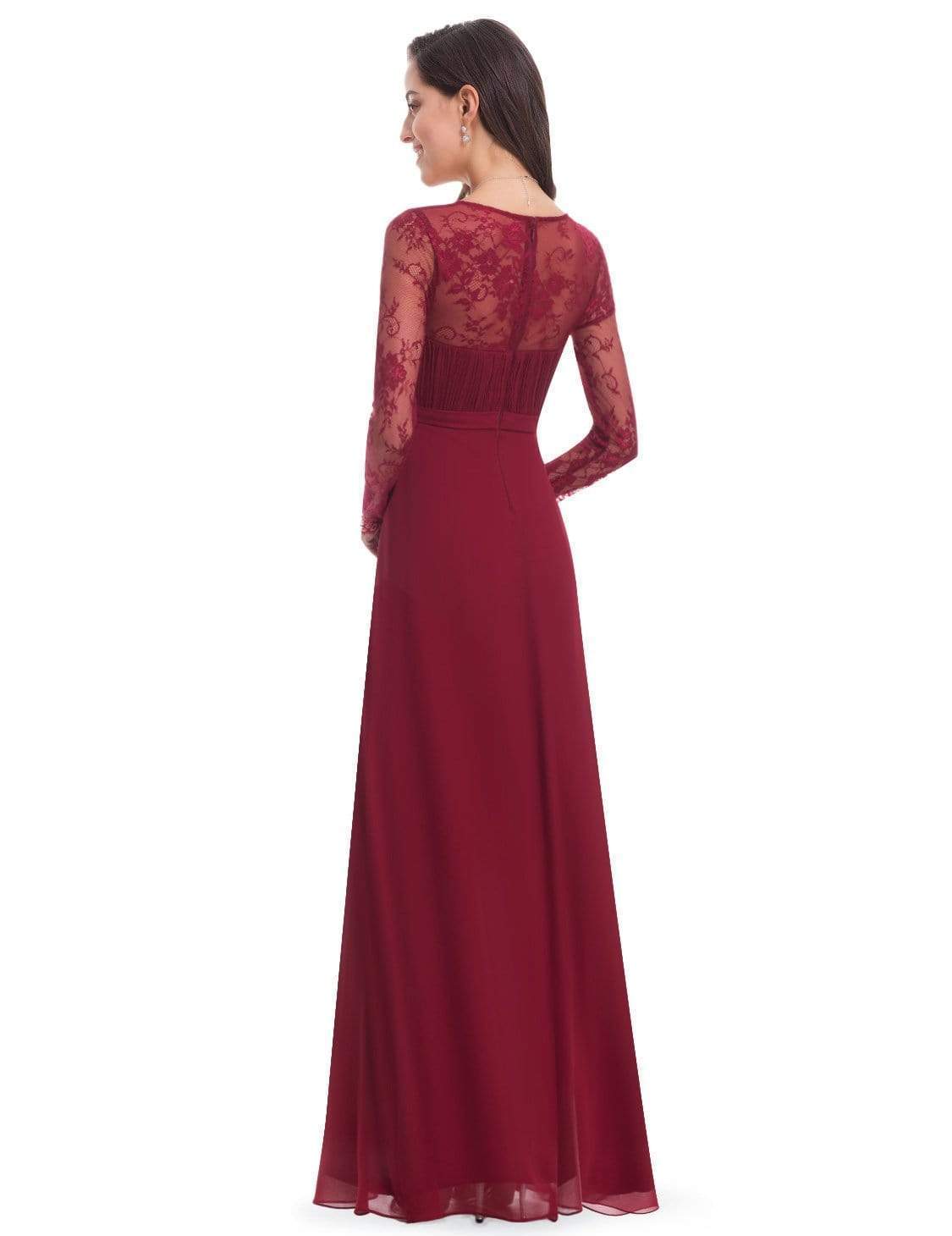 Color=Burgundy | V Neck Long Evening Gown With Lace Sleeves-Burgundy 2