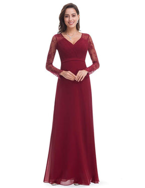 Color=Burgundy | V Neck Long Evening Gown With Lace Sleeves-Burgundy 3