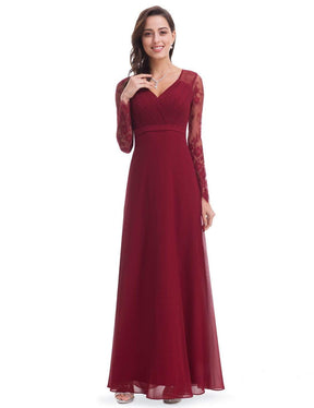 Color=Burgundy | V Neck Long Evening Gown With Lace Sleeves-Burgundy 4