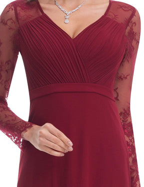 Color=Burgundy | V Neck Long Evening Gown With Lace Sleeves-Burgundy 5