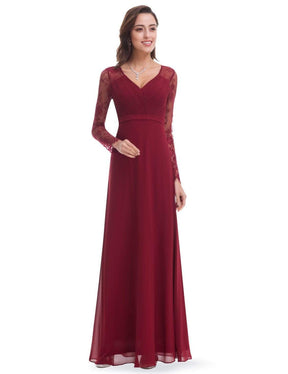 Color=Burgundy | V Neck Long Evening Gown With Lace Sleeves-Burgundy 1