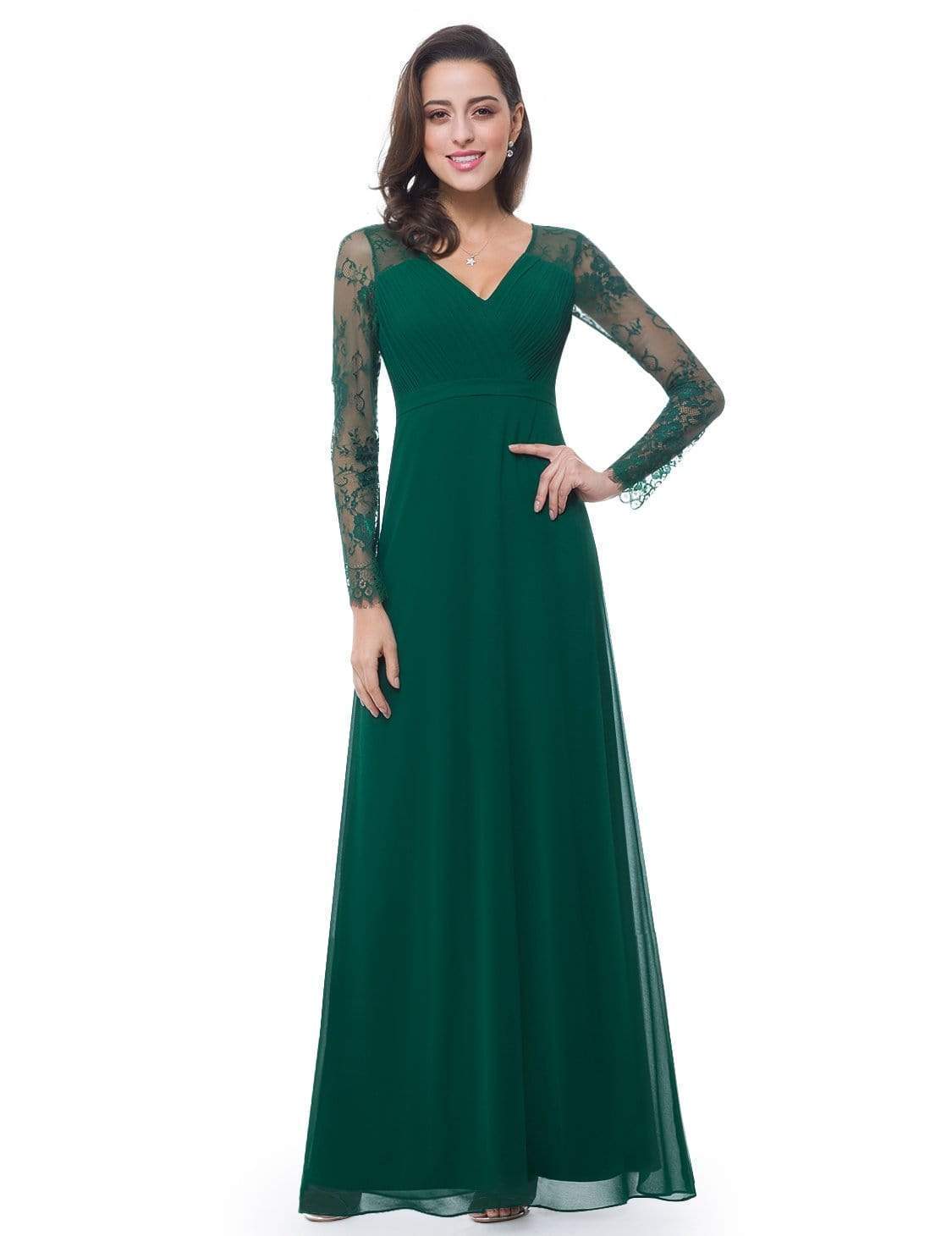 Color=Dark Green | V Neck Long Evening Gown With Lace Sleeves-Dark Green 2