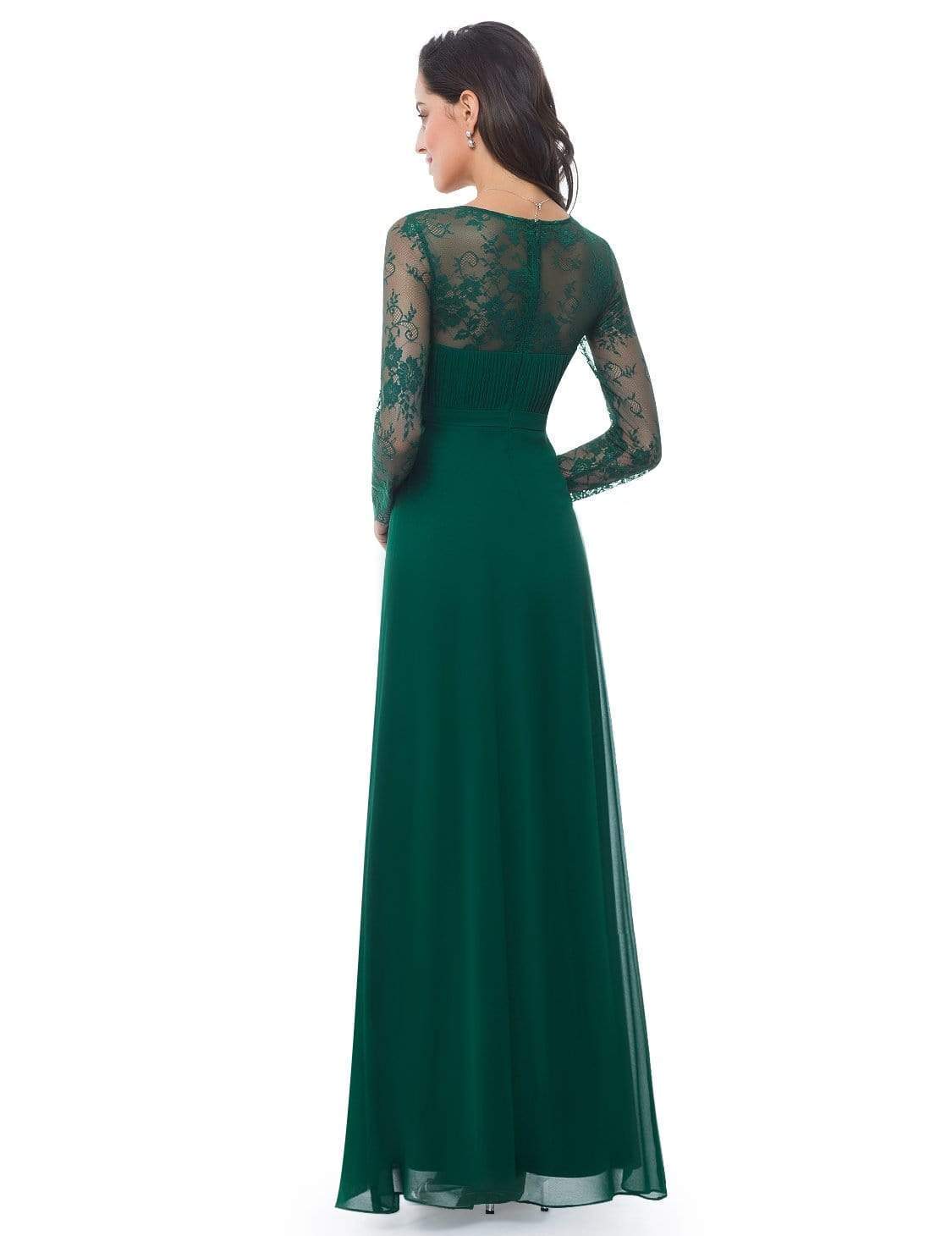 Color=Dark Green | V Neck Long Evening Gown With Lace Sleeves-Dark Green 3