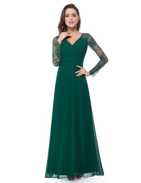 Color=Dark Green | V Neck Long Evening Gown With Lace Sleeves-Dark Green 4
