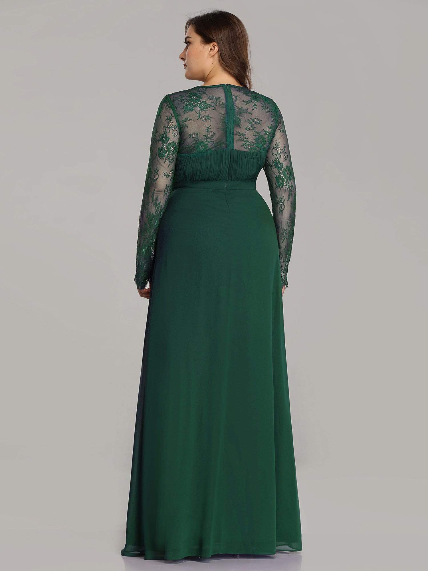 Color=Dark Green | Plus Size V Neck Long Evening Gown With Lace Sleeves-Dark Green 2