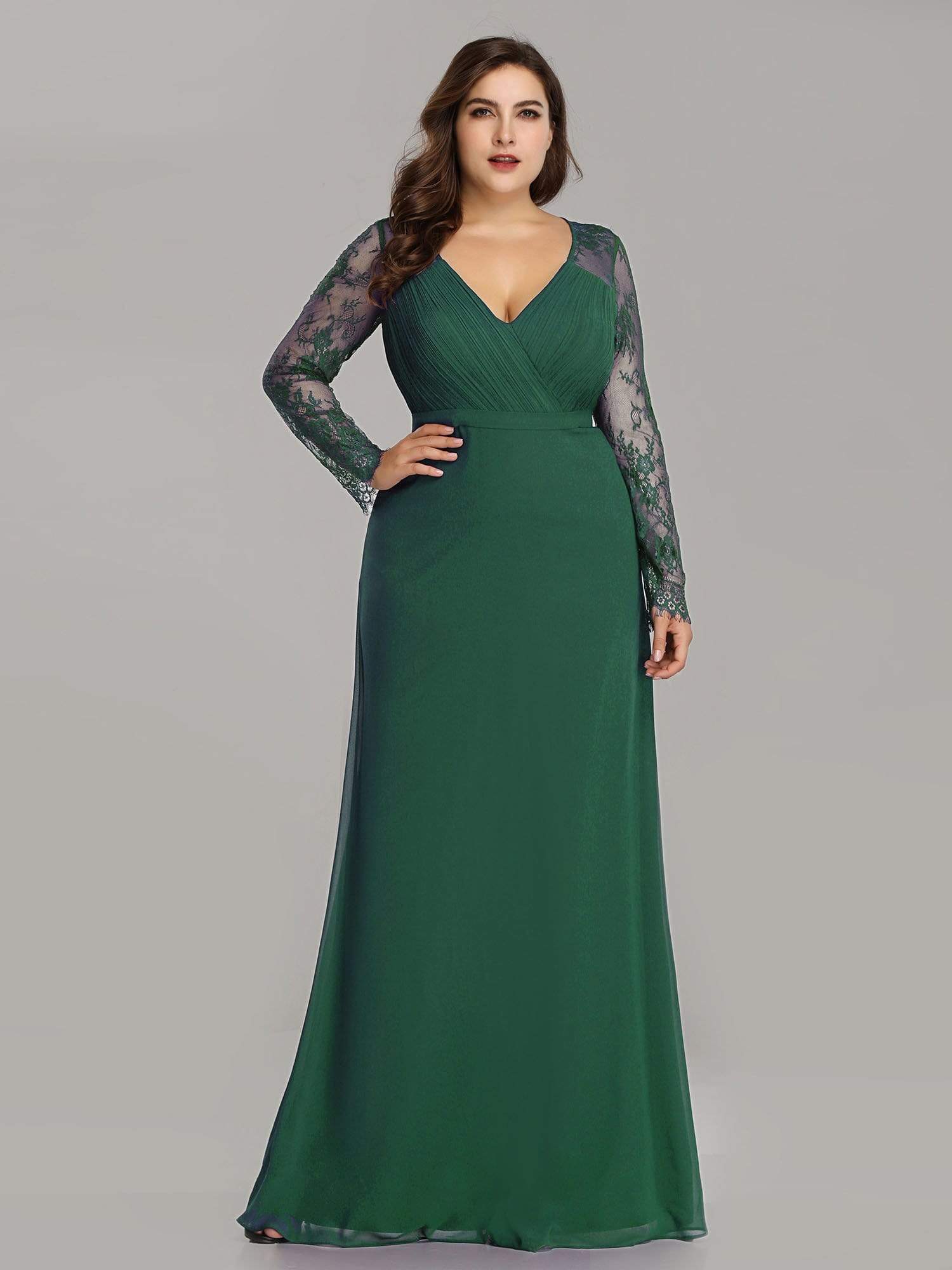 Color=Dark Green | Plus Size V Neck Long Evening Gown With Lace Sleeves-Dark Green 4