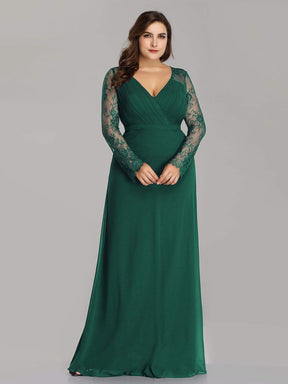 Color=Dark Green | Plus Size V Neck Long Evening Gown With Lace Sleeves-Dark Green 1