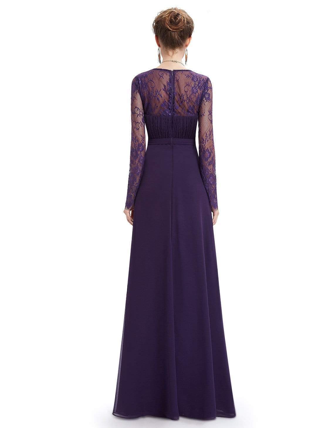 Color=Dark Purple | V Neck Long Evening Gown With Lace Sleeves-Dark Purple 2