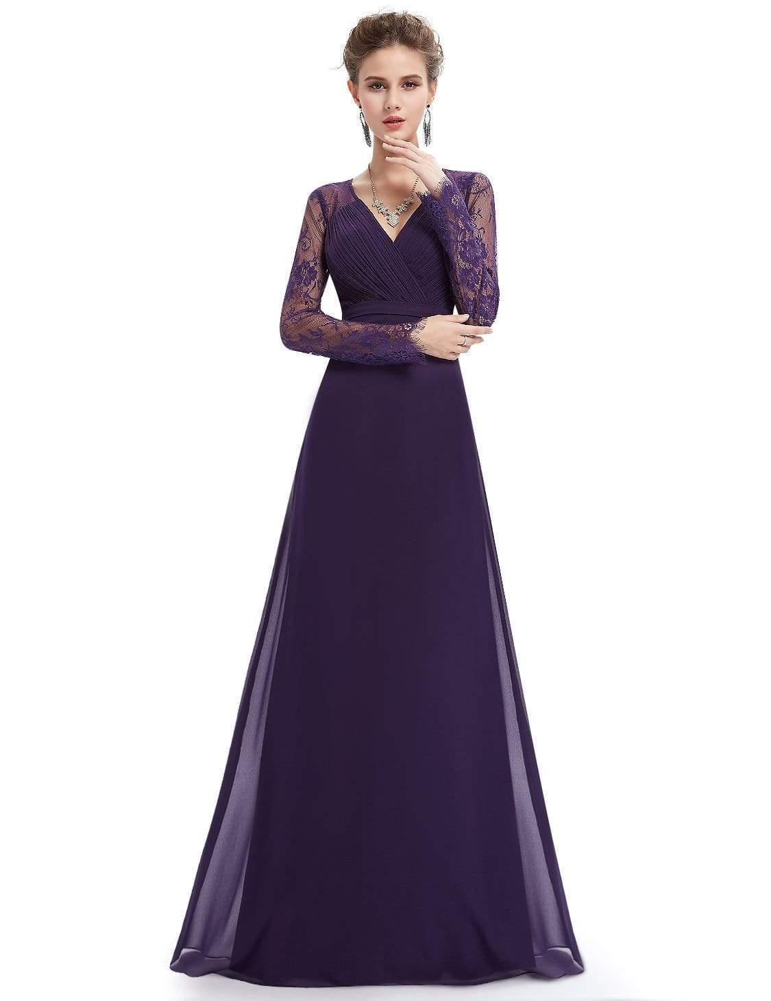 Color=Dark Purple | V Neck Long Evening Gown With Lace Sleeves-Dark Purple 4
