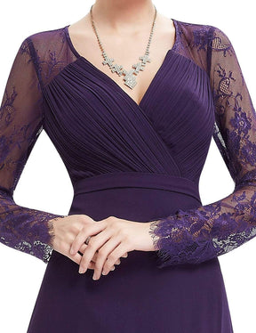 Color=Dark Purple | V Neck Long Evening Gown With Lace Sleeves-Dark Purple 5