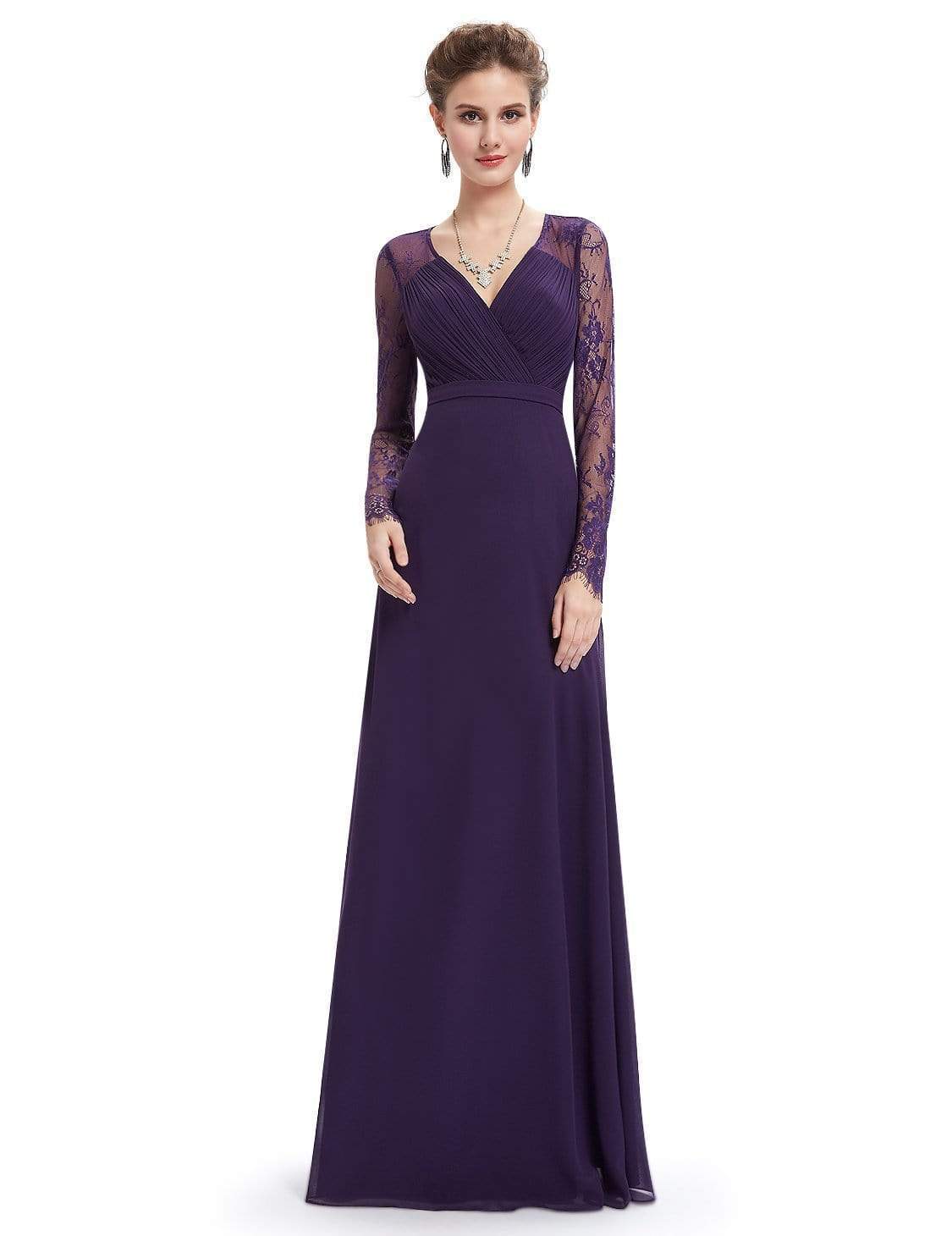 Color=Dark Purple | V Neck Long Evening Gown With Lace Sleeves-Dark Purple 1