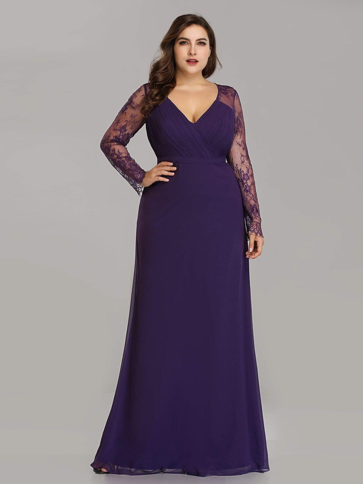 Color=Dark Purple | V Neck Long Evening Gown With Lace Sleeves-Dark Purple 6