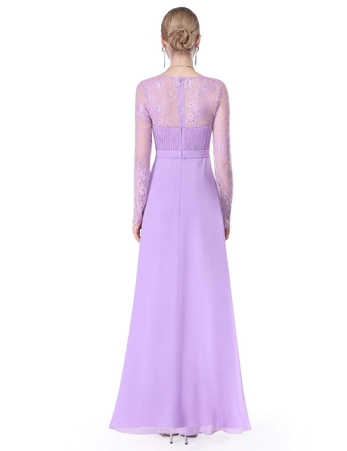 Color=Lavender | V Neck Long Evening Gown With Lace Sleeves-Lavender 2