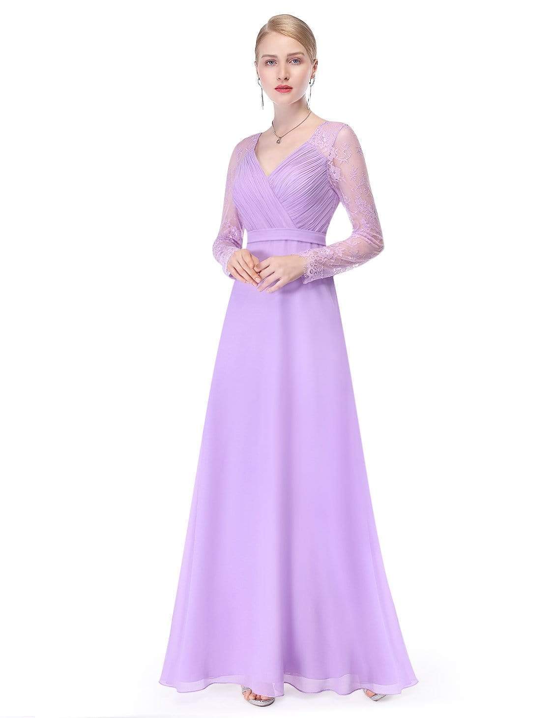 Color=Lavender | V Neck Long Evening Gown With Lace Sleeves-Lavender 3