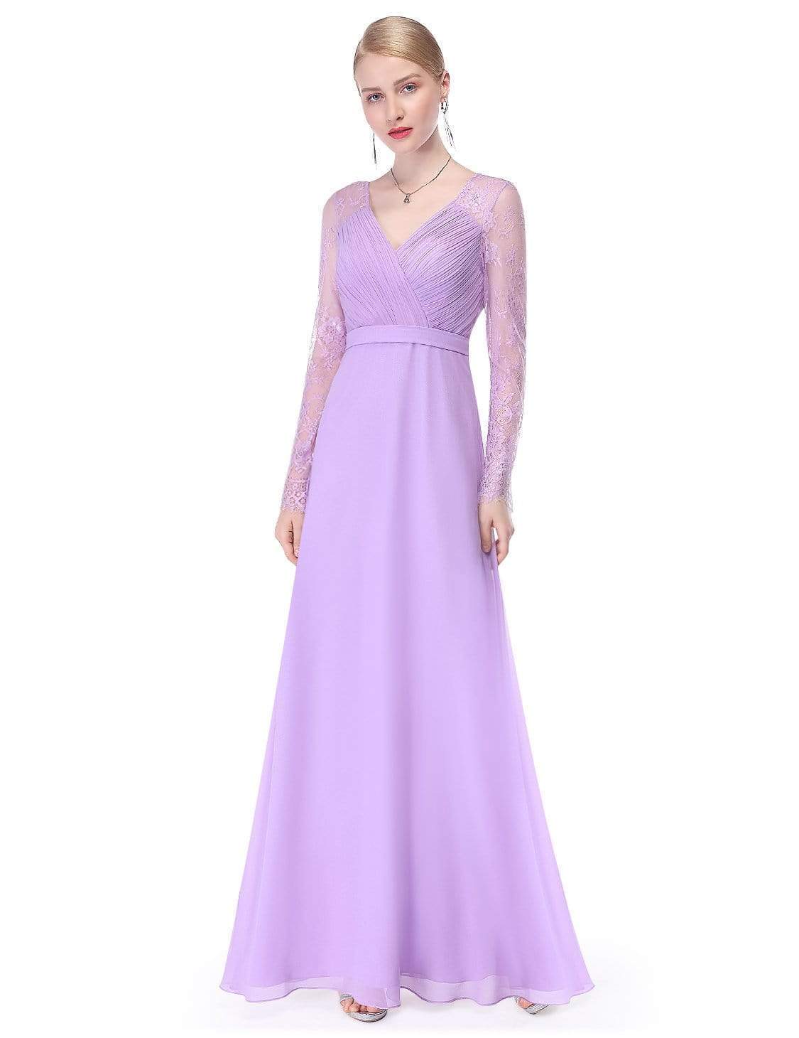 Color=Lavender | V Neck Long Evening Gown With Lace Sleeves-Lavender 4