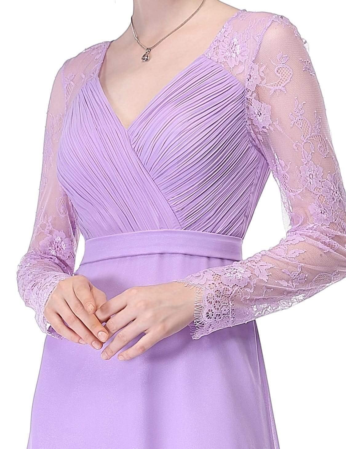Color=Lavender | V Neck Long Evening Gown With Lace Sleeves-Lavender 5
