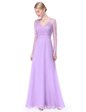 Color=Lavender | V Neck Long Evening Gown With Lace Sleeves-Lavender 1