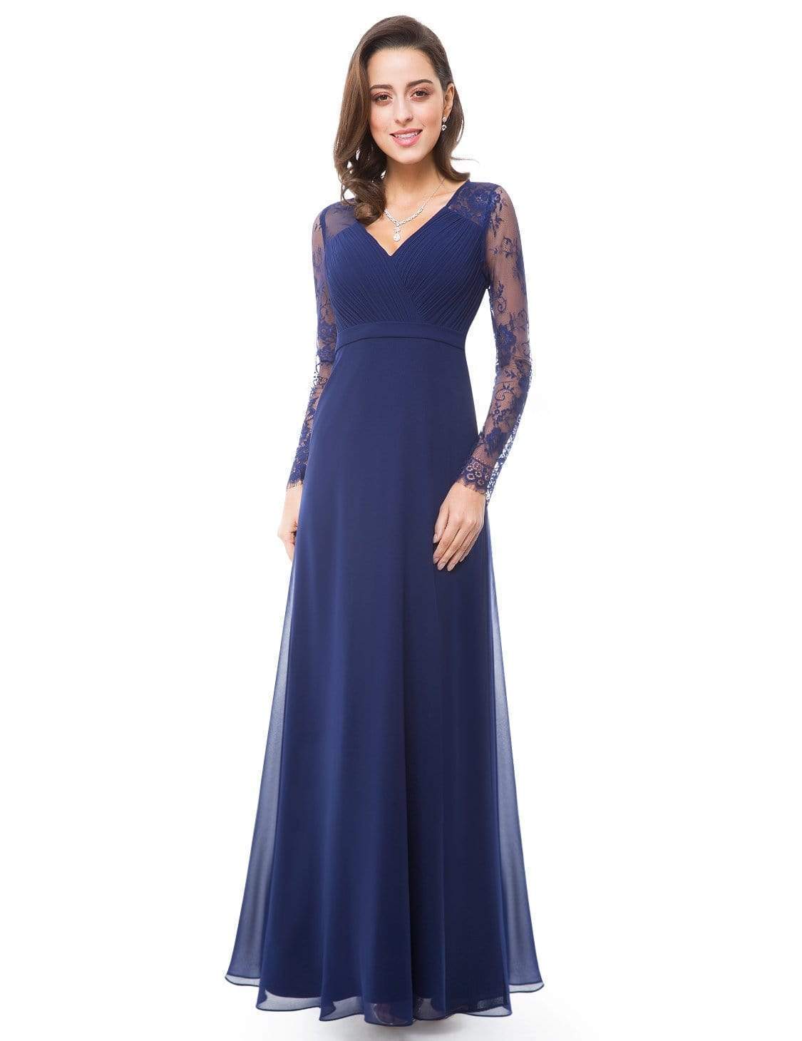 Color=Navy Blue | V Neck Long Evening Gown With Lace Sleeves-Navy Blue 3