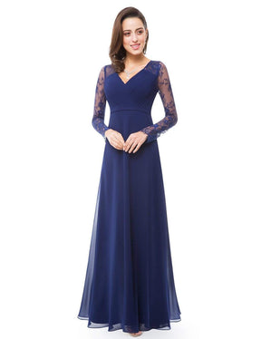 Color=Navy Blue | V Neck Long Evening Gown With Lace Sleeves-Navy Blue 4