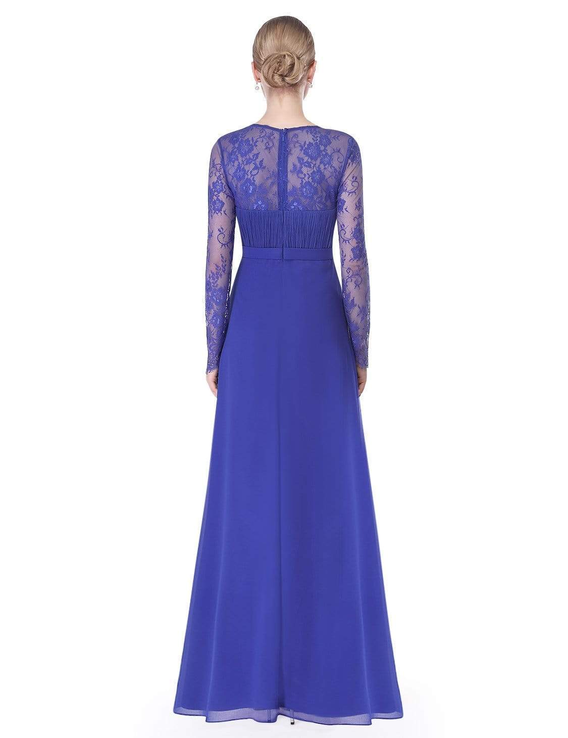 Color=Sapphire Blue | V Neck Long Evening Gown With Lace Sleeves-Sapphire Blue 2