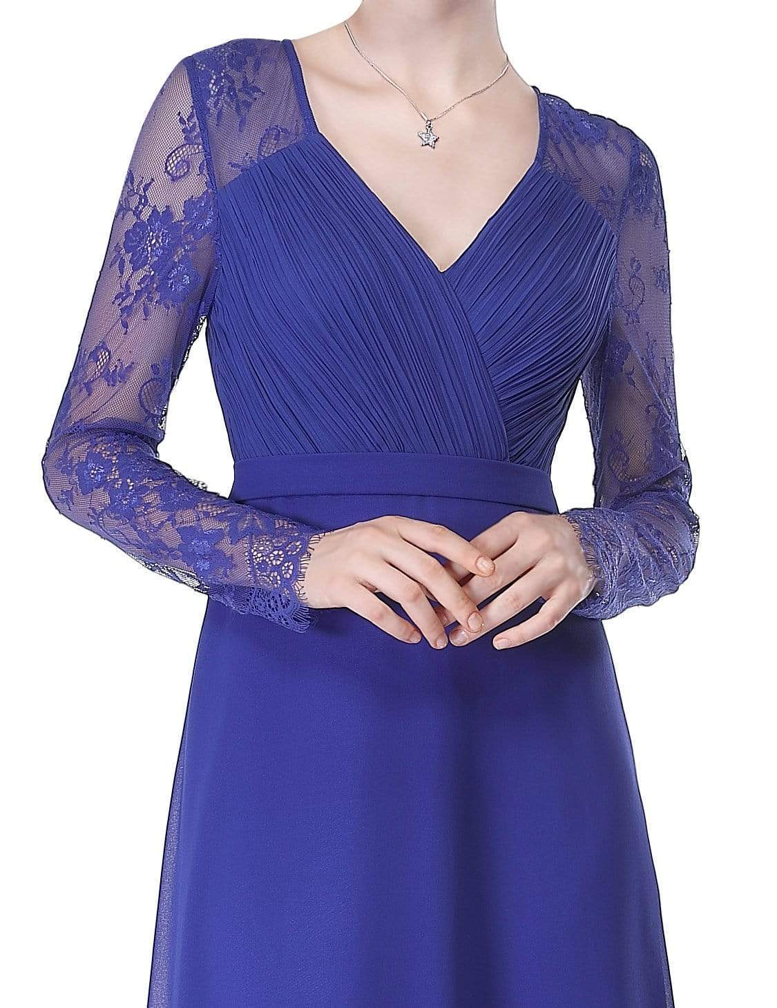 Color=Sapphire Blue | V Neck Long Evening Gown With Lace Sleeves-Sapphire Blue 4