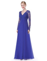 Color=Sapphire Blue | V Neck Long Evening Gown With Lace Sleeves-Sapphire Blue 1