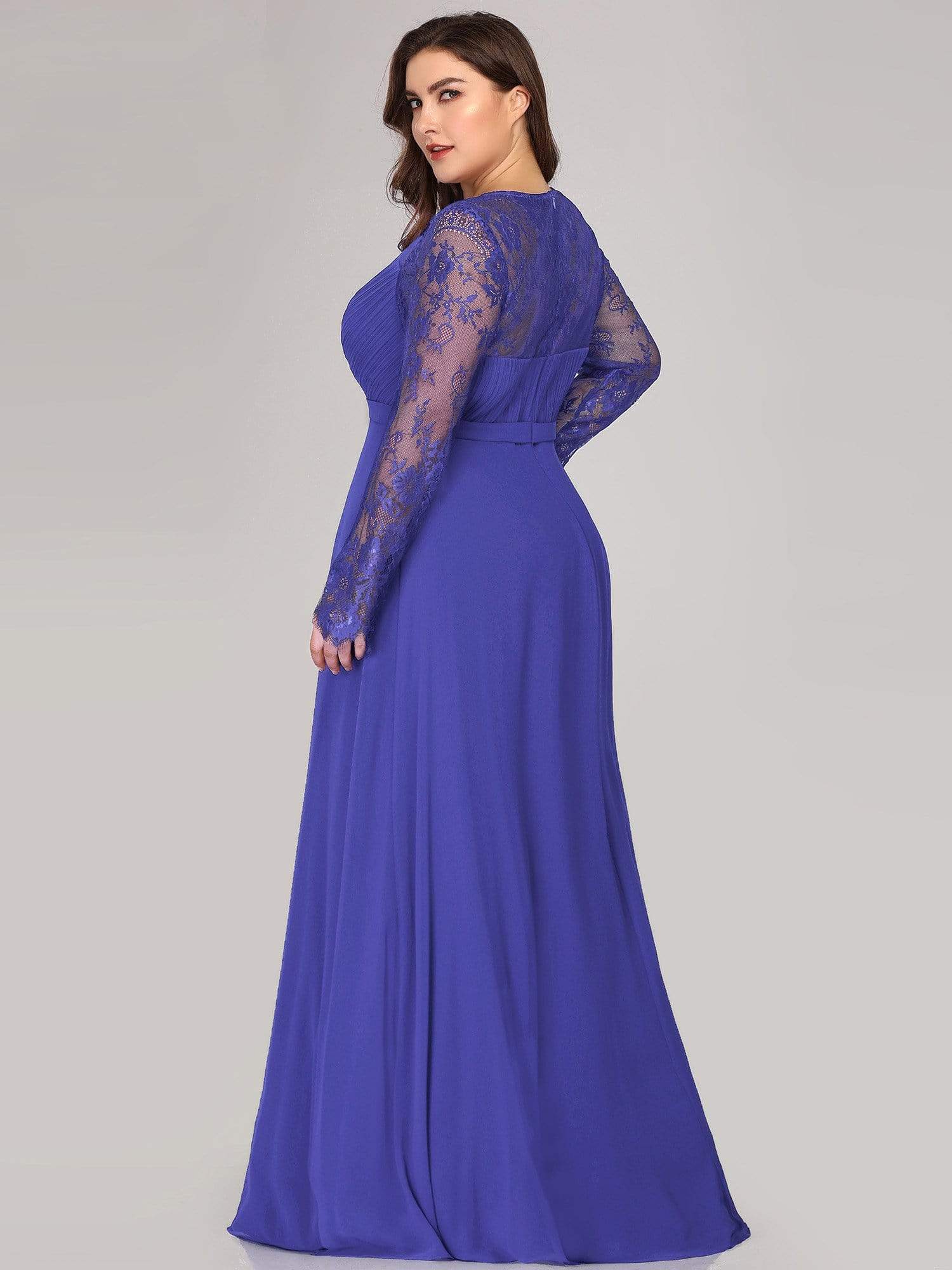 Color=Sapphire Blue | Plus Size V Neck Long Evening Gown With Lace Sleeves-Sapphire Blue 2